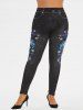 Plus Size Lace-Up Front Moon Printed Top and Snowflake Butterfly Lace Panel Jeggings Outfit -  