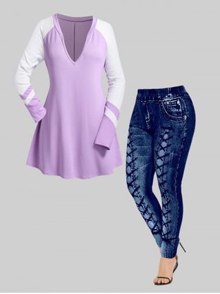 Plus Size Low Cut Raglan Sleeve Two Tone T-shirt and 3D Printed Leggings Outfit
