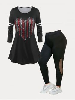 Plus Size Heart Striped Print T Shirt and Net Panel Leggings Outfit - BLACK