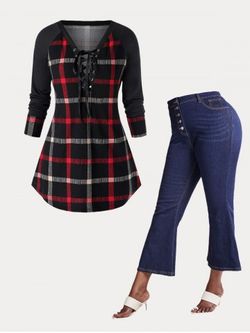 Fashion Plus Size Raglan Sleeve Checked Tunic Sweatshirt and Jean - BLACK
