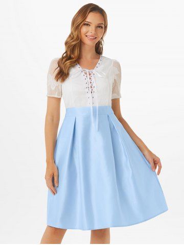 Lace Up Lace Overlay Silky Party Dress - LIGHT BLUE - S