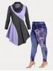 Plus Size Cowl Neck Colorblock Irregular T-shirt and Floral Printed Jeggings Outfit -  