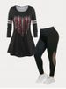 Plus Size Heart Striped Print T Shirt and Net Panel Leggings Outfit -  