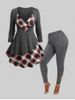 Plus Size Plaid Patchwork Skirted Top and Pants -  