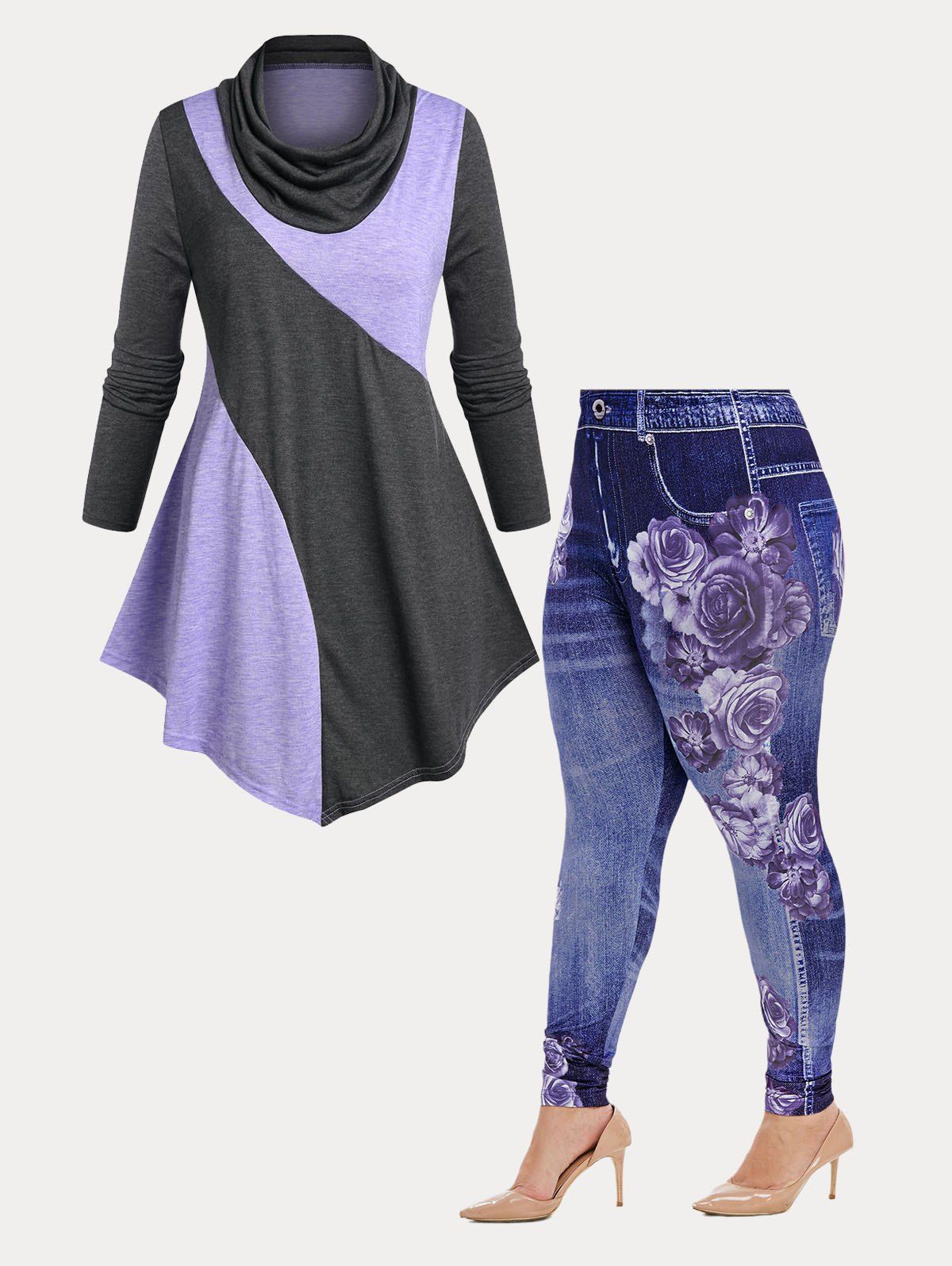 Trendy Plus Size Cowl Neck Colorblock Irregular T-shirt and Floral Printed Jeggings Outfit  