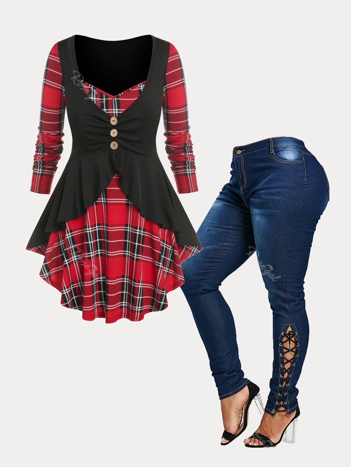 Sale Fashion Plus Size Flounced Plaid 2 in 1 Top and Jeans  