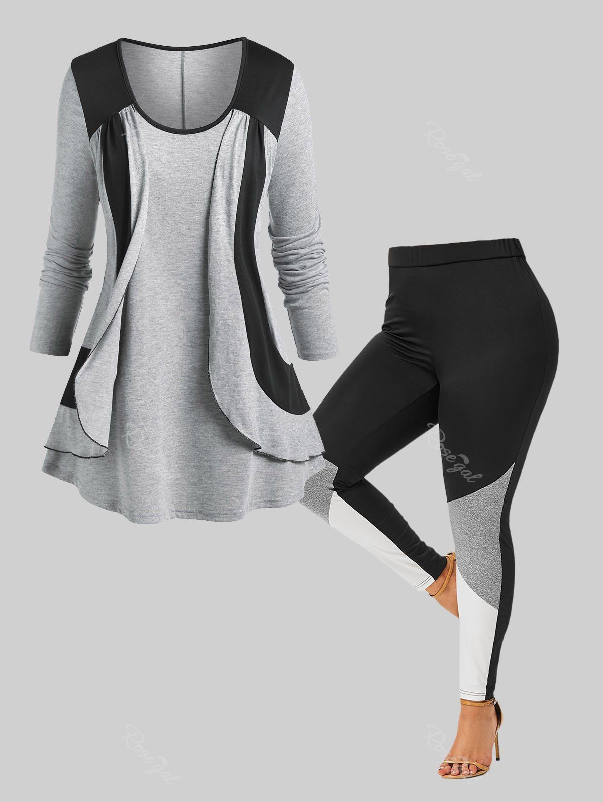Discount Fashion Plus Size Overlap Two Tone T-shirt and Leggings  