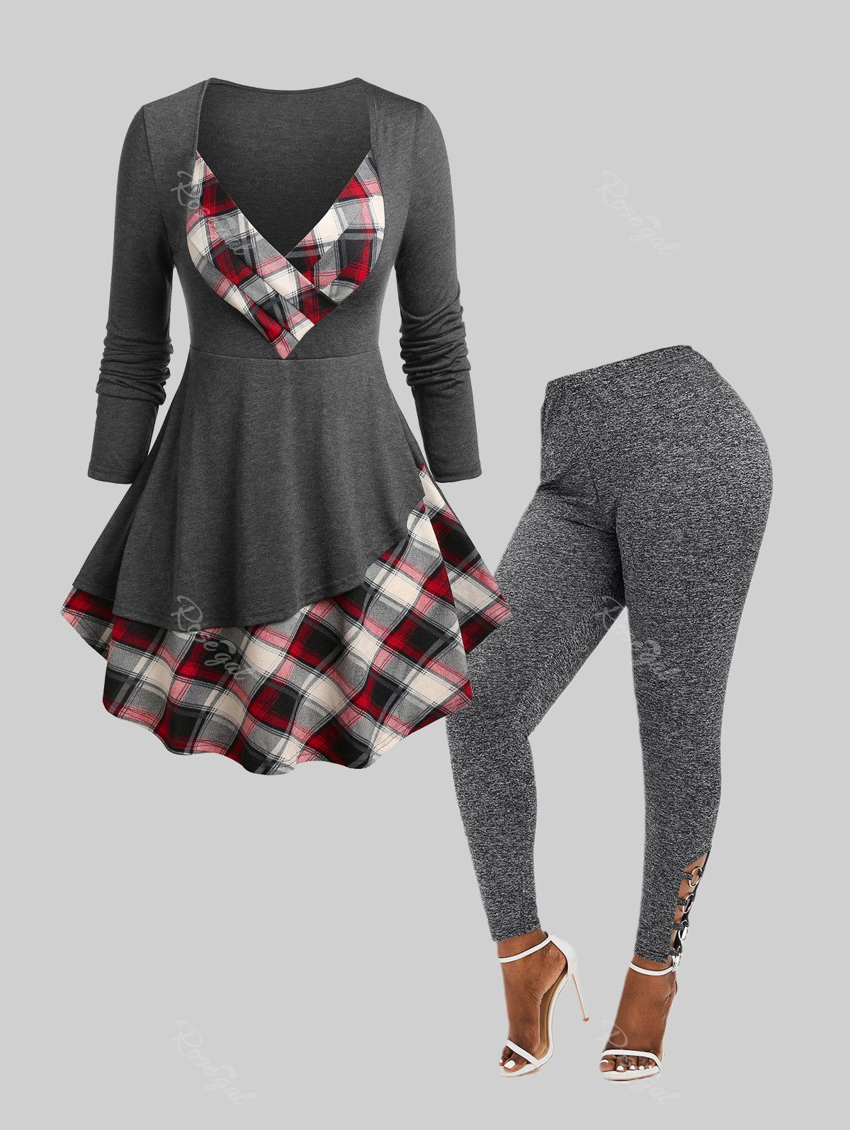 New Plus Size Plaid Patchwork Skirted Top and Pants  