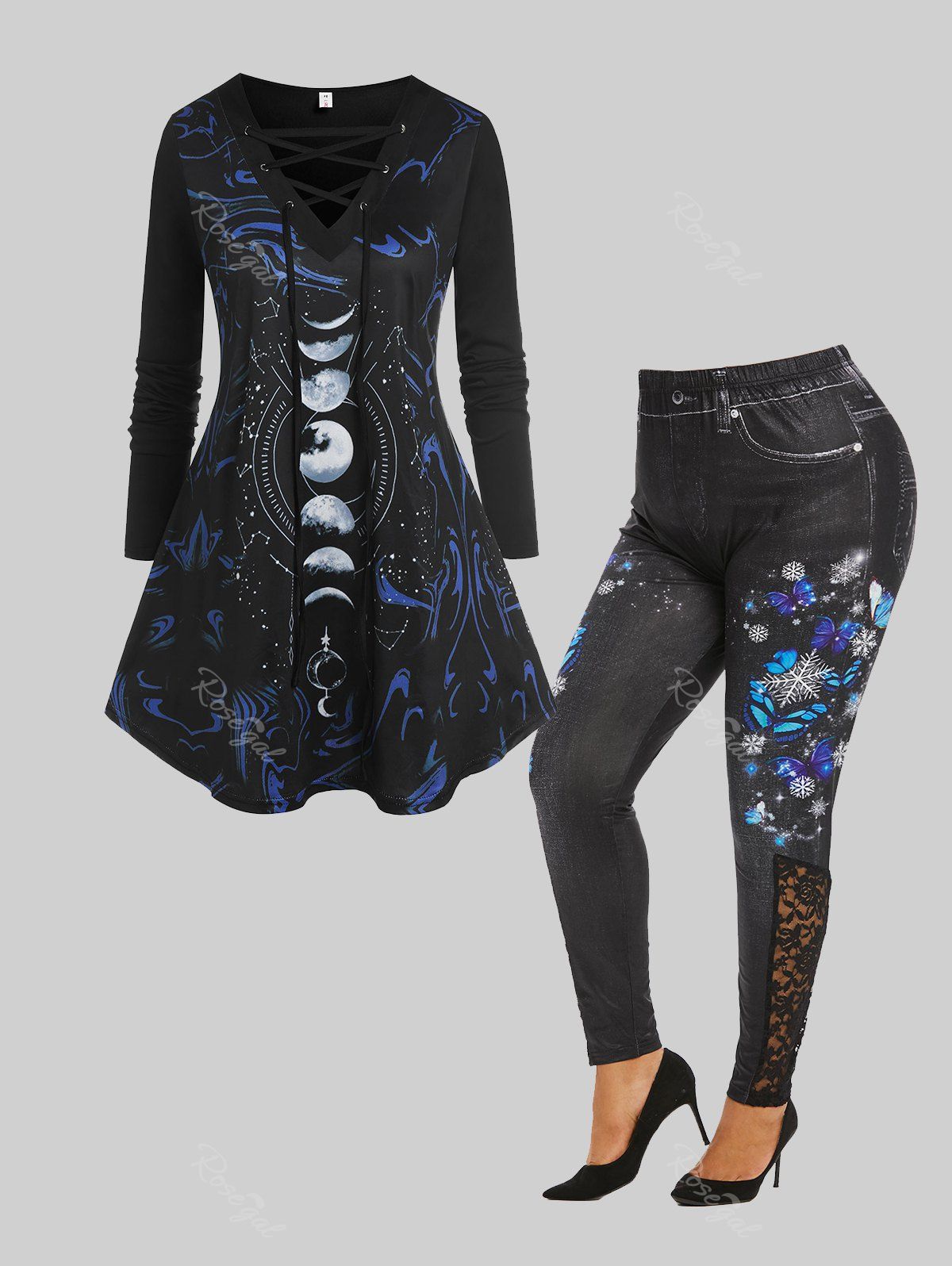 Cheap Plus Size Lace-Up Front Moon Printed Top and Snowflake Butterfly Lace Panel Jeggings Outfit  