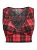 Plus Size Cinched T-shirt and Crisscross Plaid Crop Top and Ripped Plaid Leggings Outfit -  