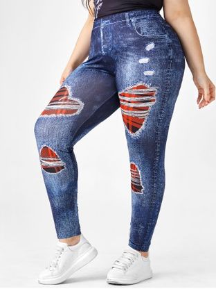 Plus Size Plaid 3D Print High Waisted Skinny Jeggings