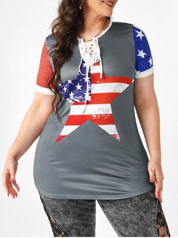 Plus Size Lace Up American Flag Print Patriotic T Shirt - GRAY - 4X