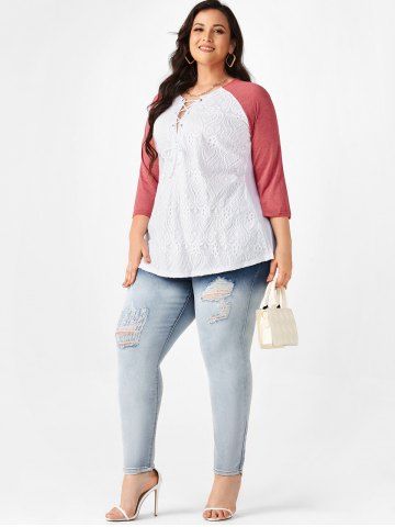 Plus Size Lace Insert Raglan Sleeve T Shirt