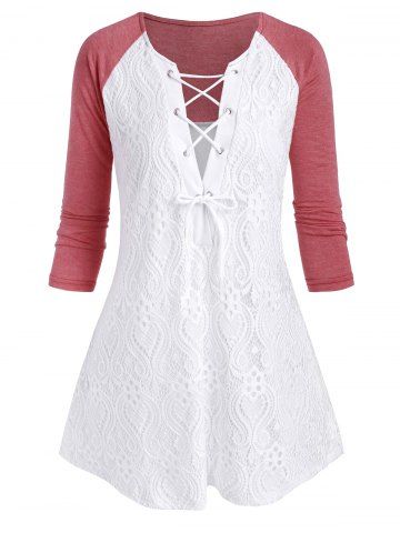Plus Size Lace Insert Raglan Sleeve T Shirt