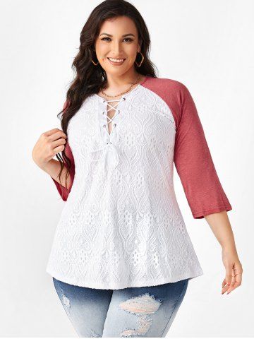 Plus Size Lace Insert Raglan Sleeve T Shirt