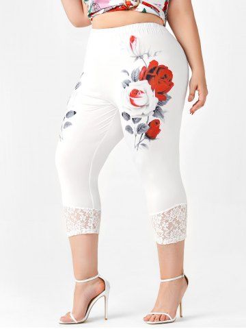 Plus Size Rose Print Lace Panel Cropped Leggings - WHITE - 3X