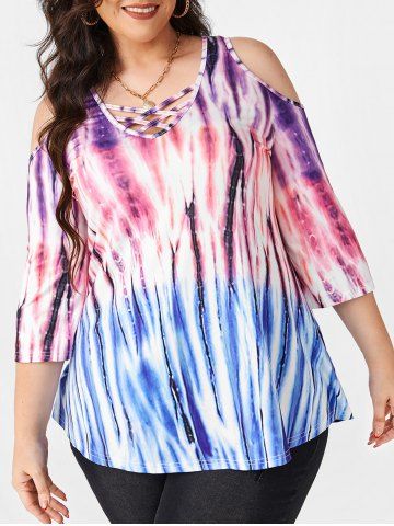 Plus Size Tie Dye Lattice Open Shoulder Cutout Tee - MULTI - L