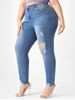Plus Size Ribbed Destroyed Frayed Hem Jeans -  