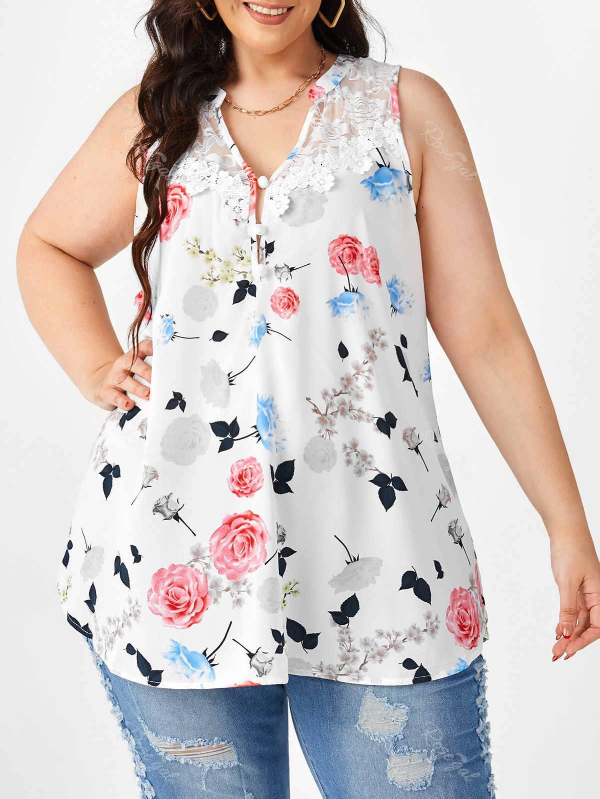 Chic Plus Size Floral Print Lace Insert Tank Top  