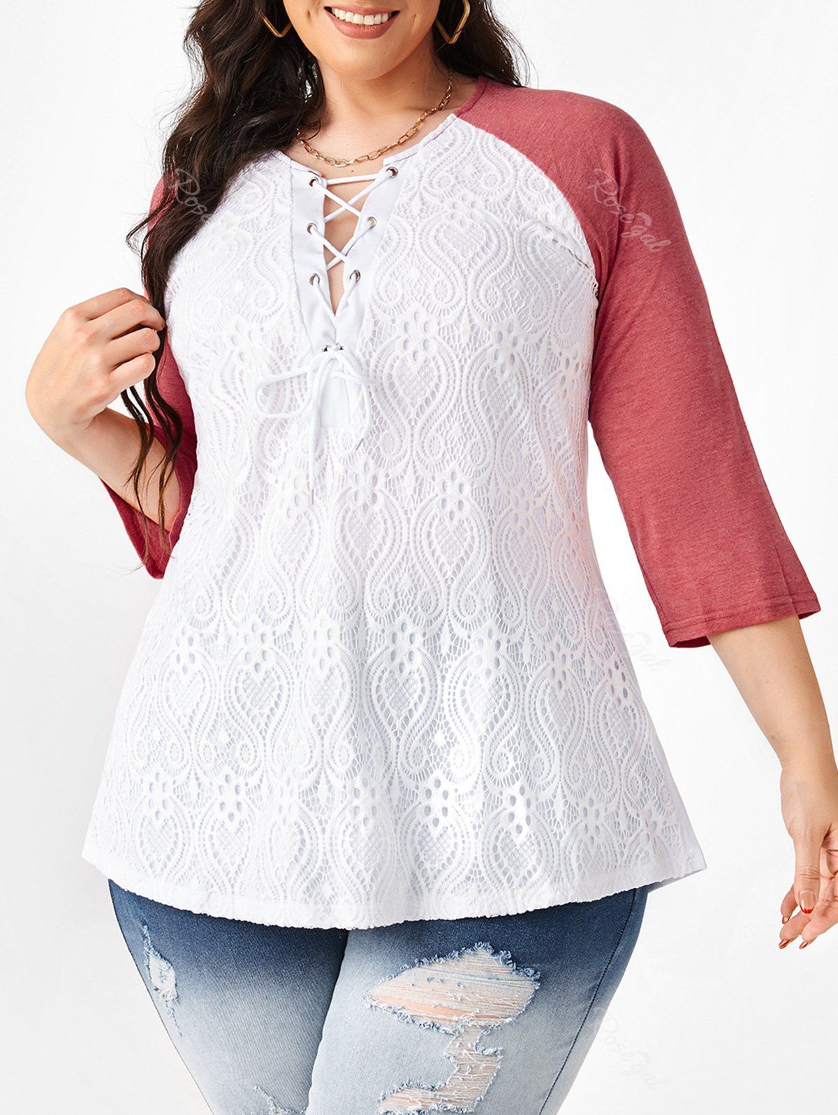 Outfit Plus Size Lace Insert Raglan Sleeve T Shirt  