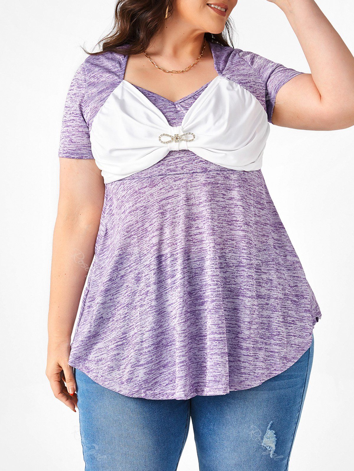 Outfit Plus Size Rhinestone Bowknot Detail Heathered T-shirt  