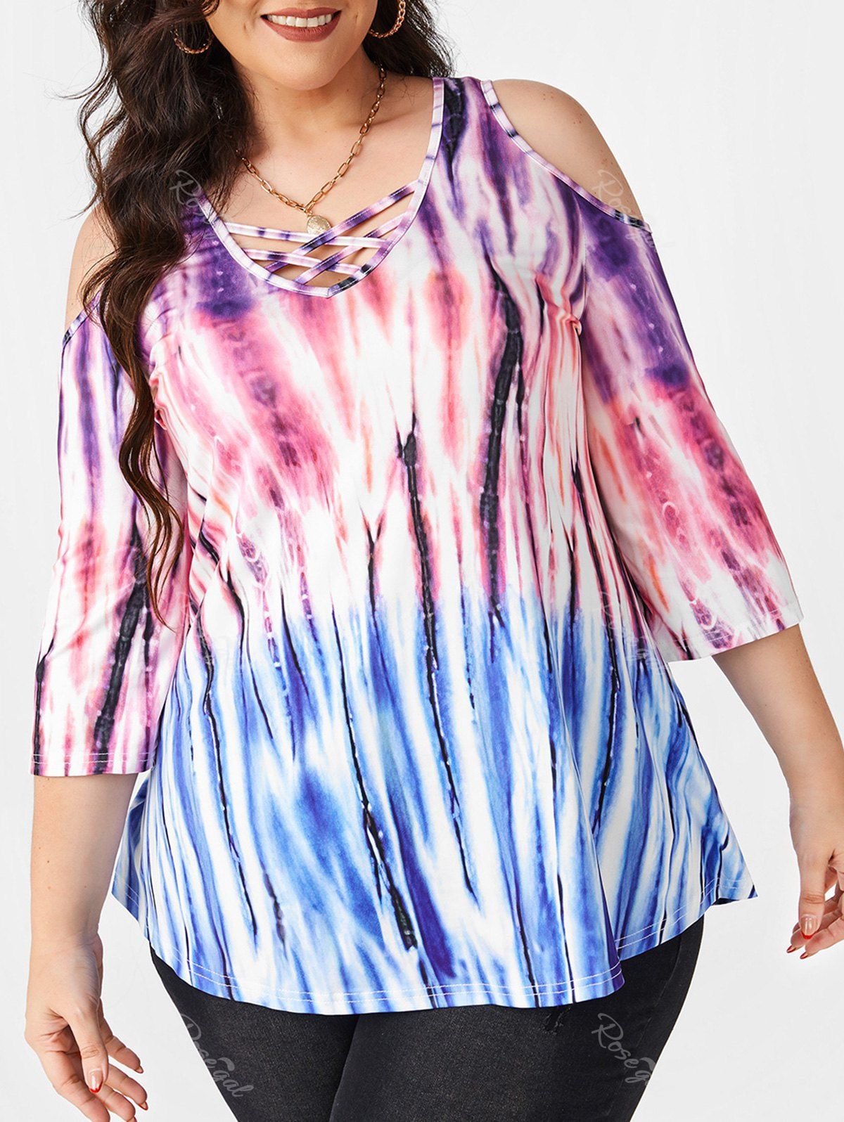 Hot Plus Size Tie Dye Lattice Open Shoulder Cutout Tee  