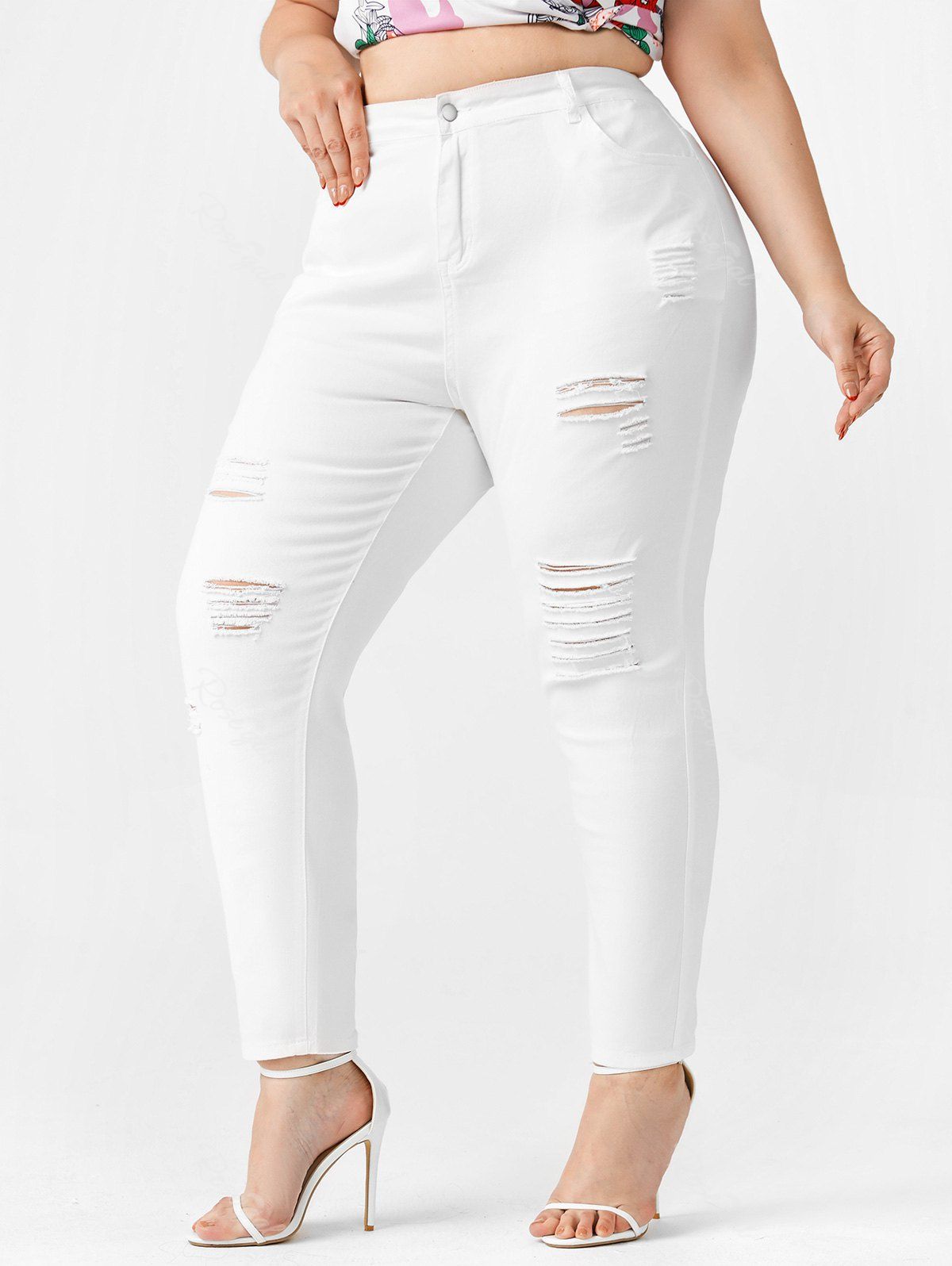Buy Plus Size High Waist Distressed Ripped Jeans  