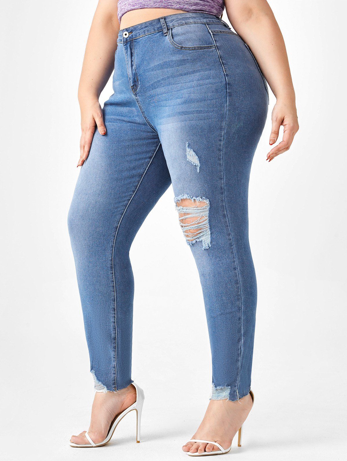 Latest Plus Size Ribbed Destroyed Frayed Hem Jeans  