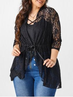 Plus Size Drawstring Sheer Lace Cardigan - BLACK - 3X