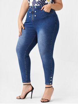 Plus Size Mock Button Zipper Fly Jeans - DEEP BLUE - 5X