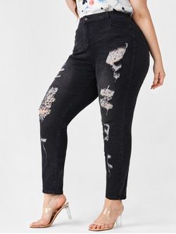 Plus Size Distressed High Waisted Jeans - BLACK - 5X