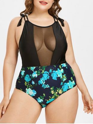 Sheer Mesh Panel Floral Print Tassels Plus Size & Curve 1950s One-piece Swimsuit