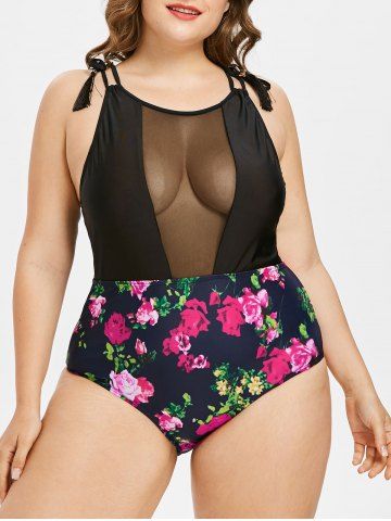 Sheer Mesh Panel Floral Print Tassels Plus Size & Curve 1950s One-piece Swimsuit - DEEP RED - 3X