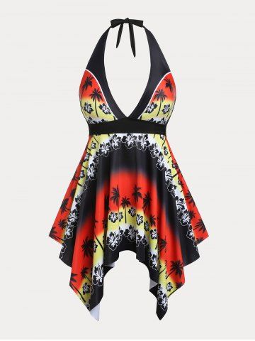 Plunge Tropical Print Handkerchief Plus Size & Curve Modest Tankini Swimsuit - BLACK - 4X
