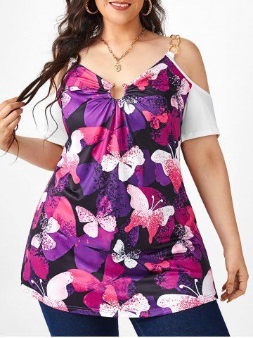 Plus Size Cold Shoulder Chains Butterfly Print Tee - MULTI - L