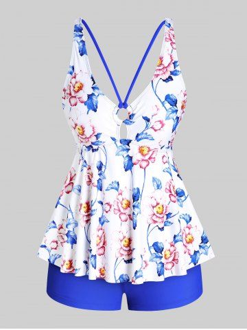 O Ring Floral Print Modest Plus Size & Curve Tankini Swimsuit - BLUE - 5X