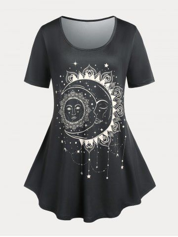 T-shirt de Base à Imprimé Lune et Soleil de Grande Taille - BLACK - 1X | US 14-16