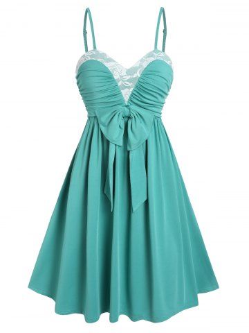 Floral Lace Insert Bowknot Cinched Dress - GREEN - M