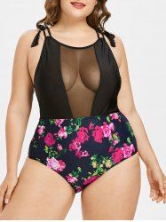 Sheer Mesh Panel Floral Print Tassels Plus Size & Curve 1950s One-piece Swimsuit -  
