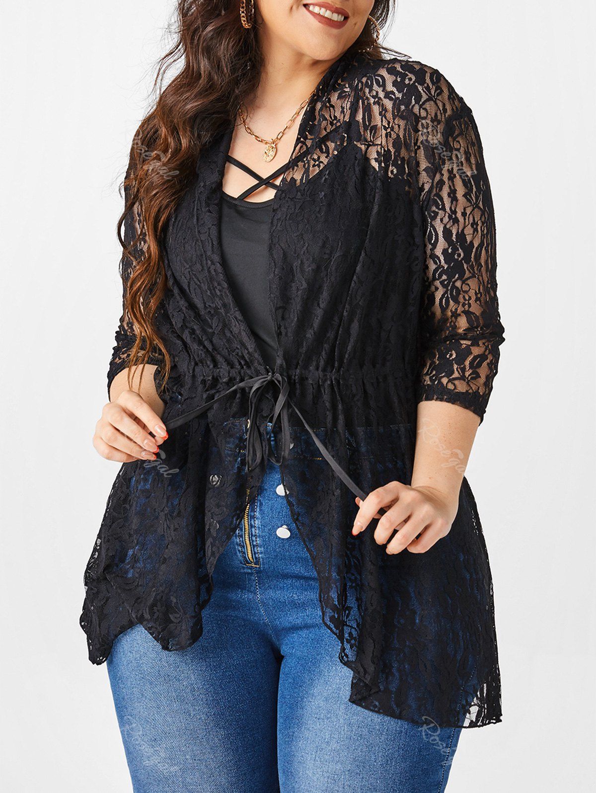 Affordable Plus Size Drawstring Sheer Lace Cardigan  