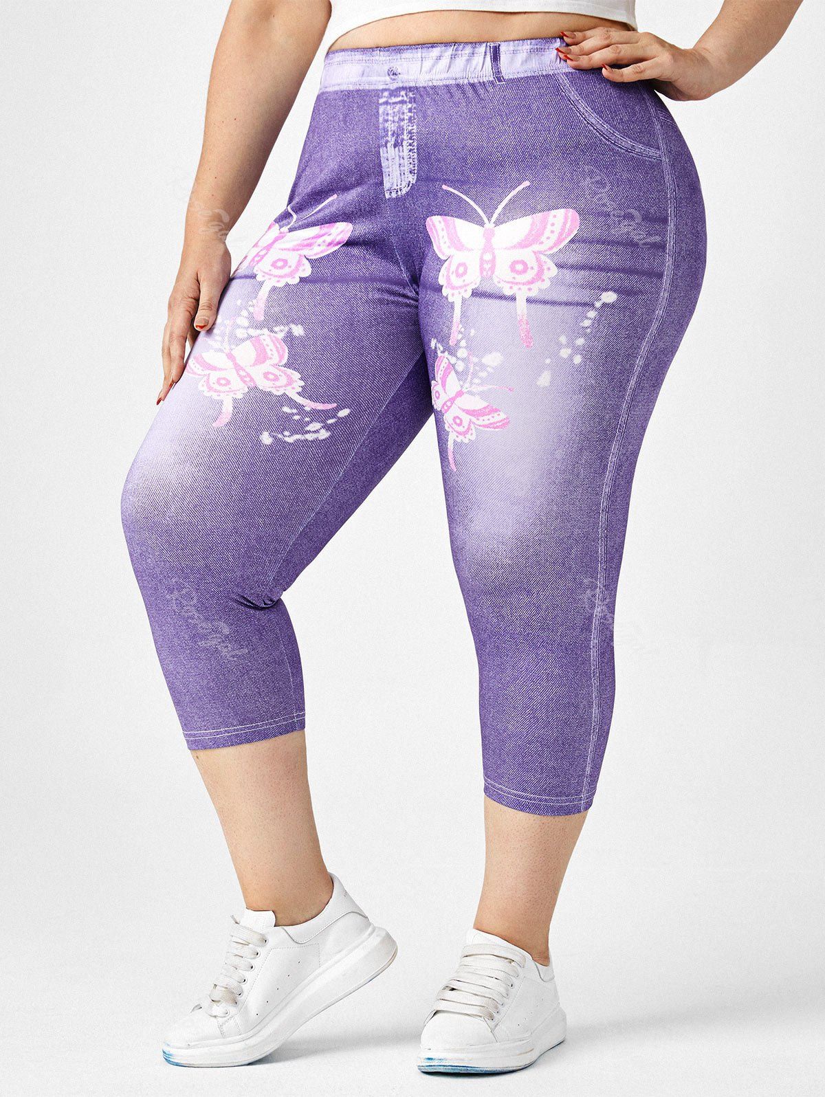 Legging Capri à Imprimé 3D Papillon de Grande Taille Violet clair 1X