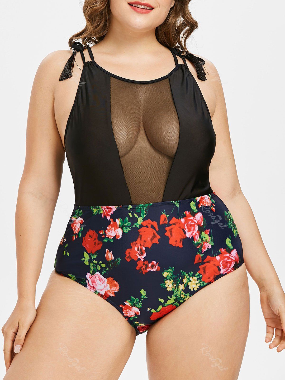 Trendy Sheer Mesh Panel Floral Print Tassels Plus Size & Curve 1950s One-piece Swimsuit  