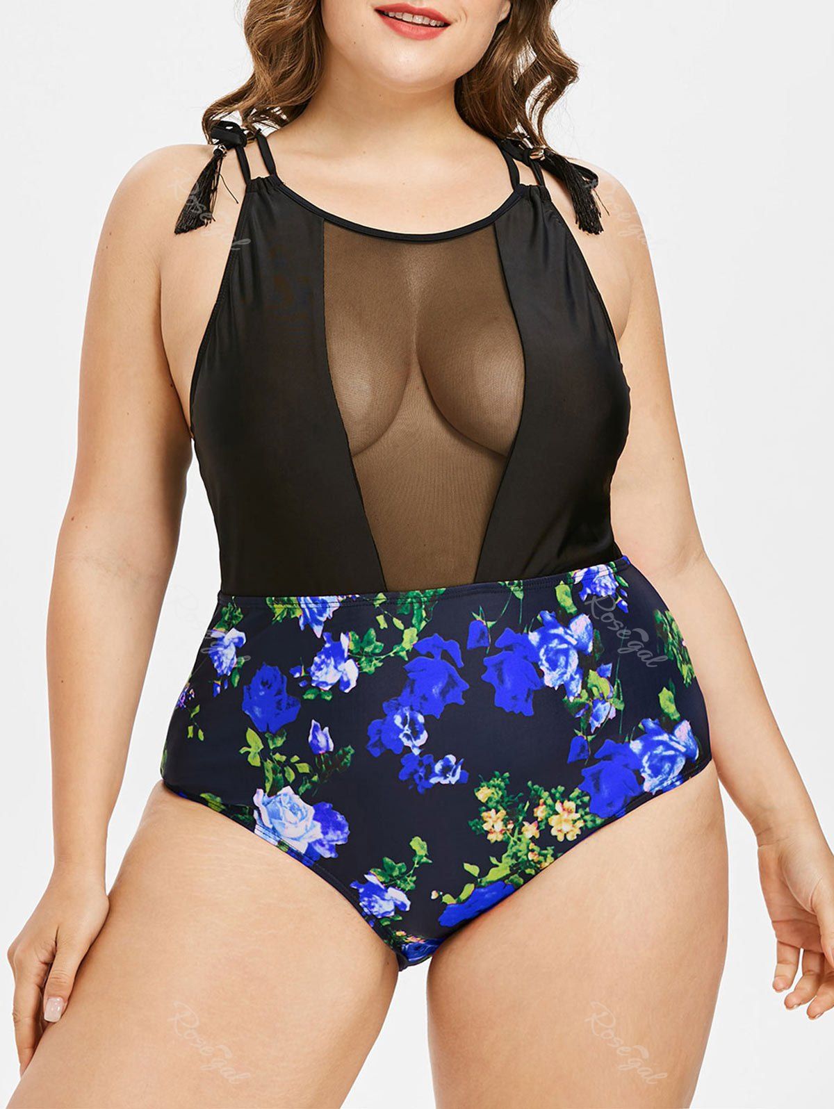 Online Sheer Mesh Panel Floral Print Tassels Plus Size & Curve 1950s One-piece Swimsuit  
