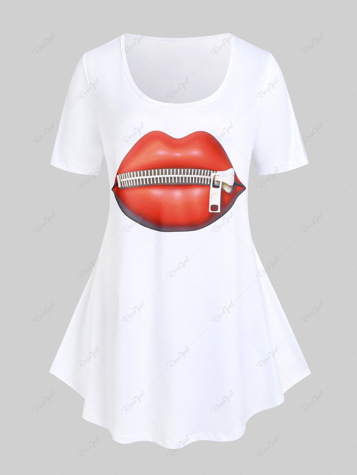 T-shirt Zippé à Imprimé 3D Lèvre de Grande Taille Saint-Valentin Blanc 5x | US 30-32