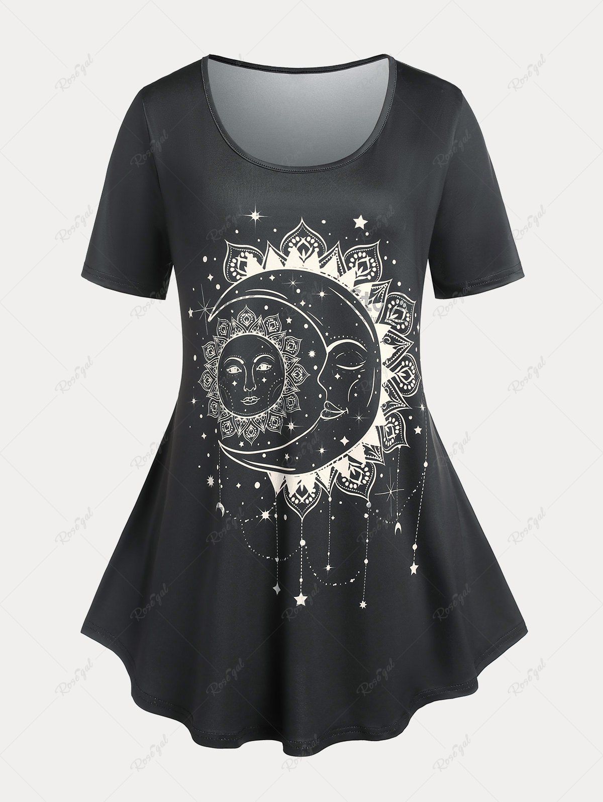 T-shirt de Base à Imprimé Lune et Soleil de Grande Taille Noir 1x | US 14-16