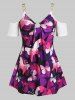 Plus Size Cold Shoulder Chains Butterfly Print Tee -  