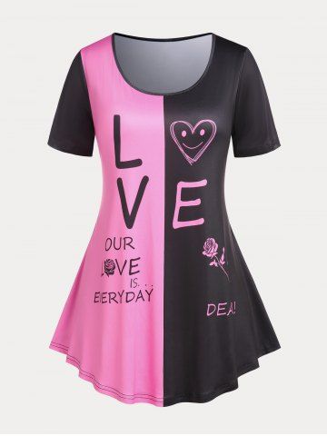 T-shirt Bicolore Graphique à Imprimé LOVE Style de Curve de Grande Taille - BLACK - 4X | US 26-28