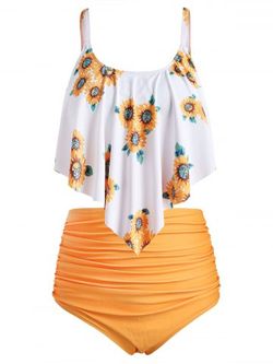 Plus Size & Curve Padded Sunflower Print Ruched Tummy Control Tankini Swimsuit - ORANGE - L
