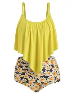 Plus Size & Curve Padded Sunflower Print Ruched Tummy Control Tankini Swimsuit - YELLOW - 4X