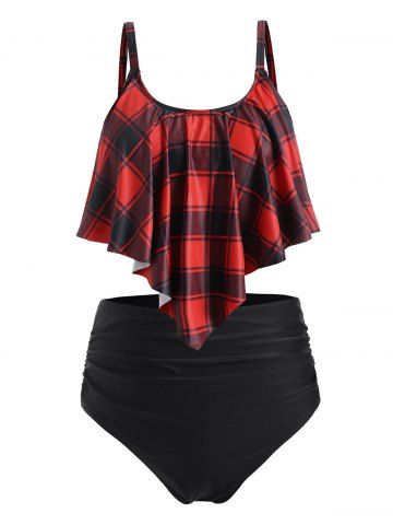 Plus Size & Curve Colorblock Plaid Ruched Padded Tummy Control Tankini Swimsuit - RED - 5X